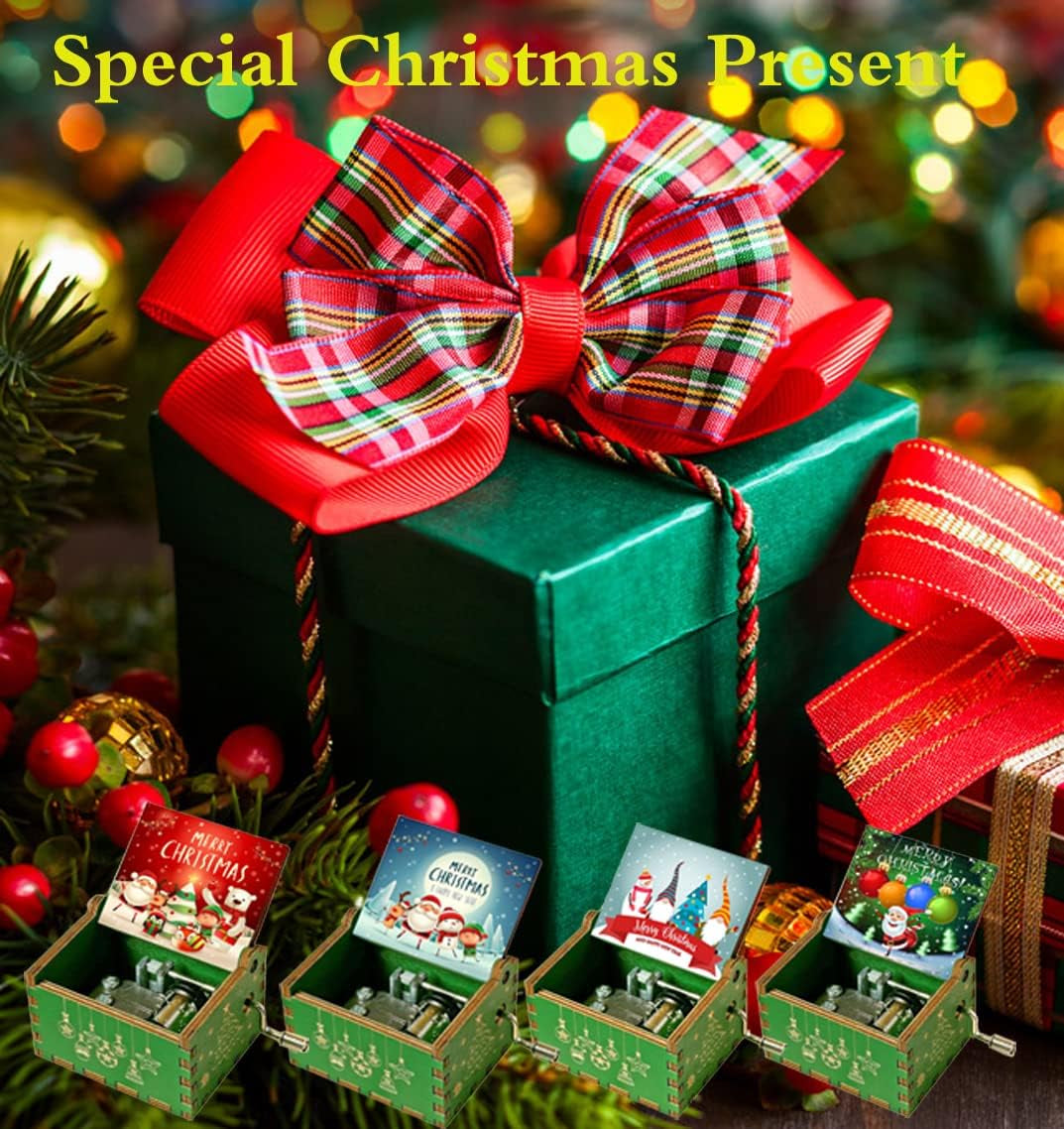 Merry Christmas Wooden Music Box Hand Cranked Music Box Engraved for Boys, Girls, Men and Women Ideal Gift for Christmas and New Year