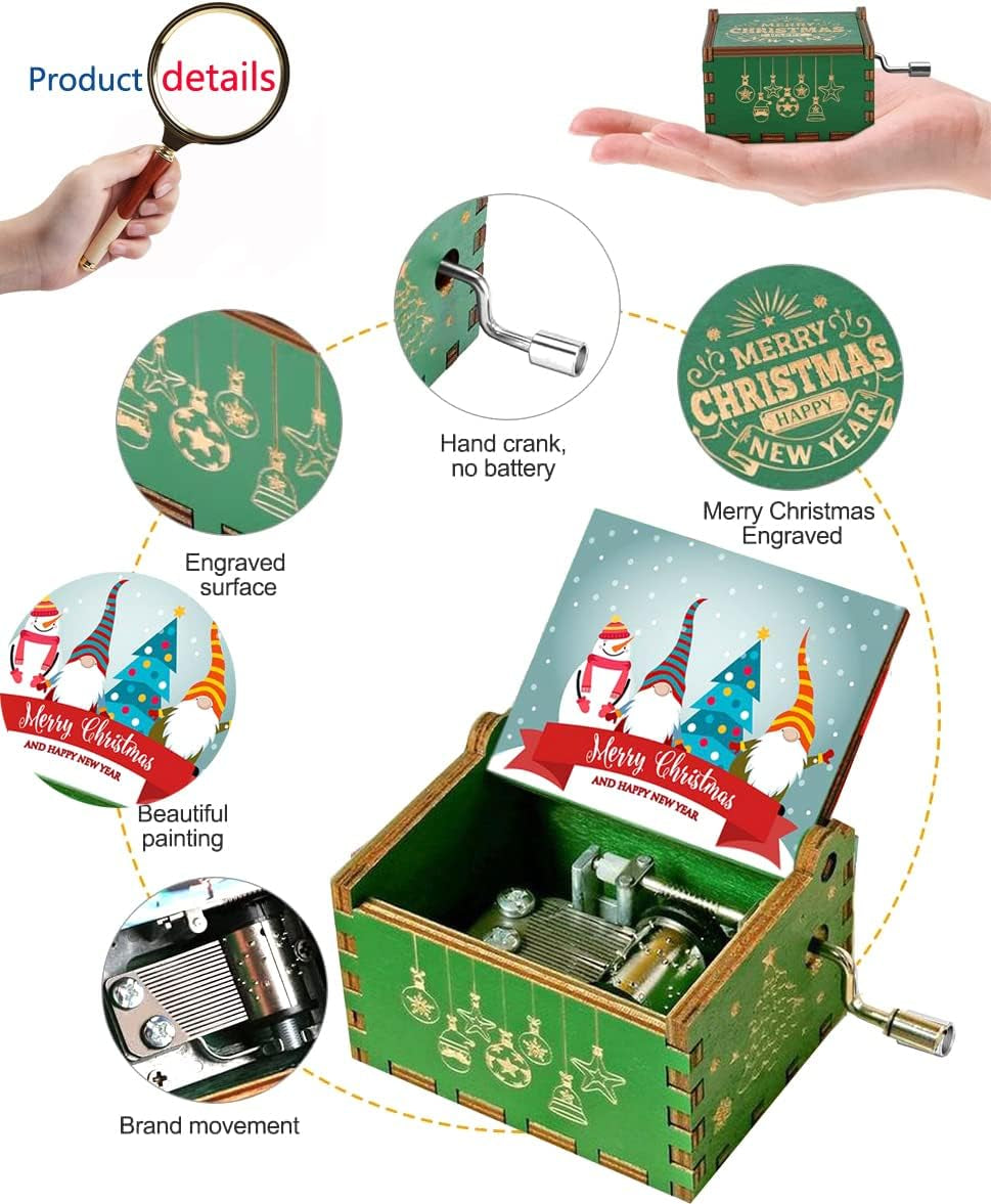 Merry Christmas Wooden Music Box Hand Cranked Music Box Engraved for Boys, Girls, Men and Women Ideal Gift for Christmas and New Year