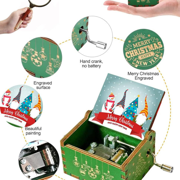 Merry Christmas Wooden Music Box Hand Cranked Music Box Engraved for Boys, Girls, Men and Women Ideal Gift for Christmas and New Year