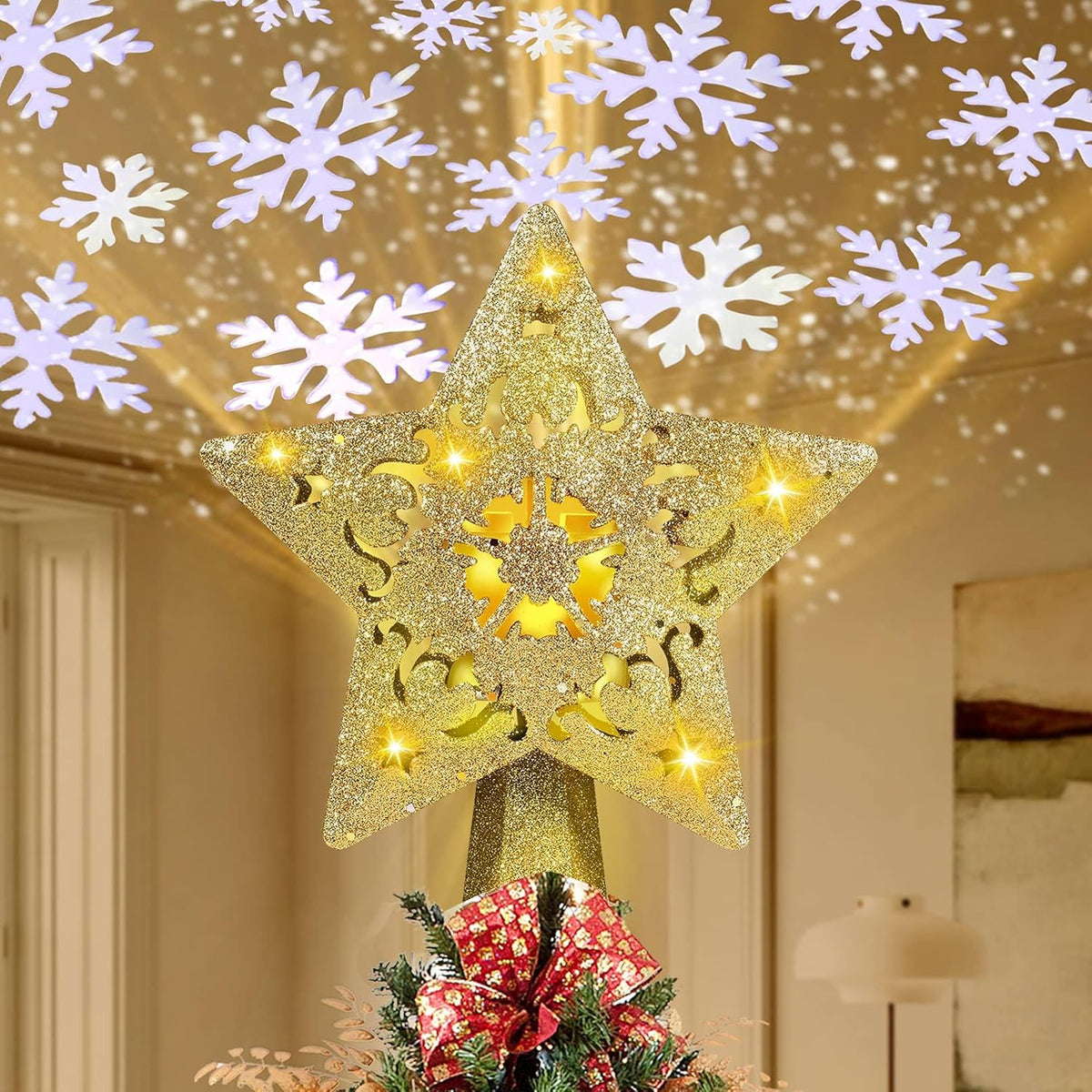 Christmas Tree Topper Lighted with Star Projector, LED Rotating 3D Glitter Tree Topper for Christmas Tree, Christmas Decorations Lights (Golden)