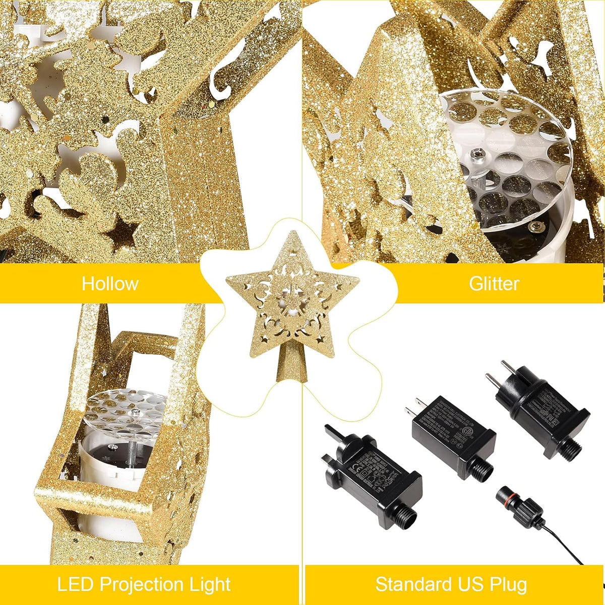 Christmas Tree Topper Lighted with Star Projector, LED Rotating 3D Glitter Tree Topper for Christmas Tree, Christmas Decorations Lights (Golden)