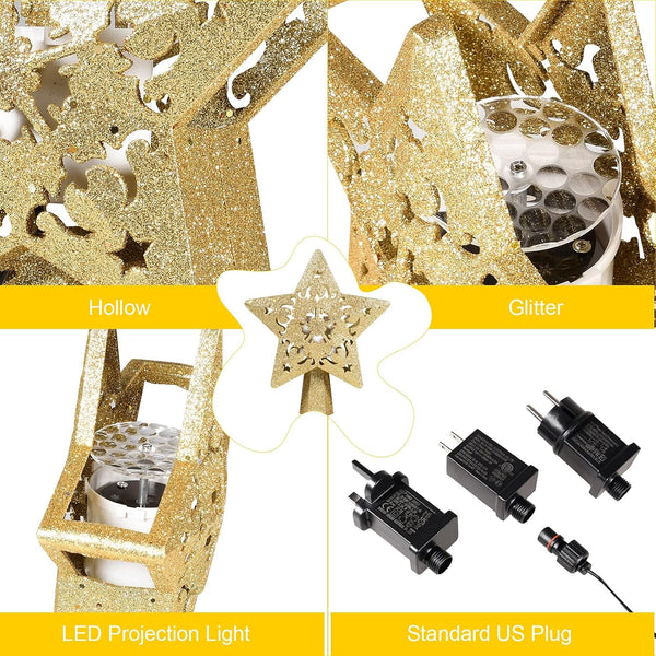 Christmas Tree Topper Lighted with Star Projector, LED Rotating 3D Glitter Tree Topper for Christmas Tree, Christmas Decorations Lights (Golden)