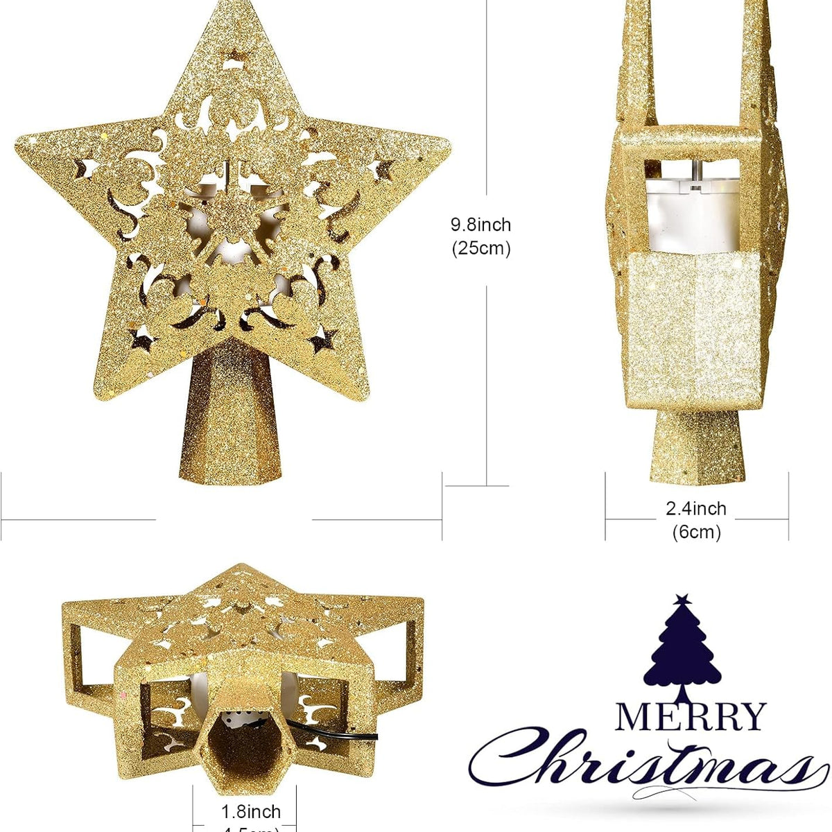 Christmas Tree Topper Lighted with Star Projector, LED Rotating 3D Glitter Tree Topper for Christmas Tree, Christmas Decorations Lights (Golden)