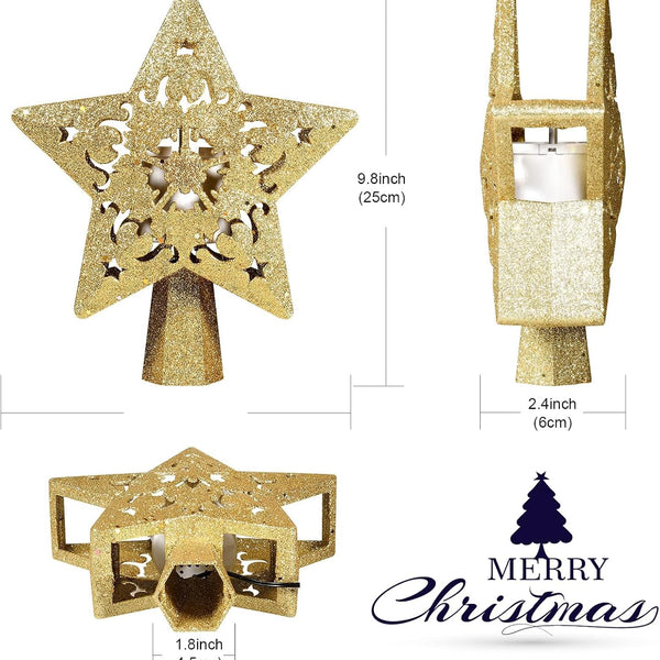 Christmas Tree Topper Lighted with Star Projector, LED Rotating 3D Glitter Tree Topper for Christmas Tree, Christmas Decorations Lights (Golden)