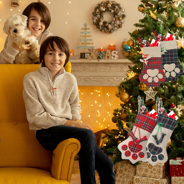 Christmas Pet Stockings Cat Dog Paw Dog Fish Bone Pattern Stockings Buffalo Plaid Fireplace Hanging Stockings for Fireplace Tree Decoration
