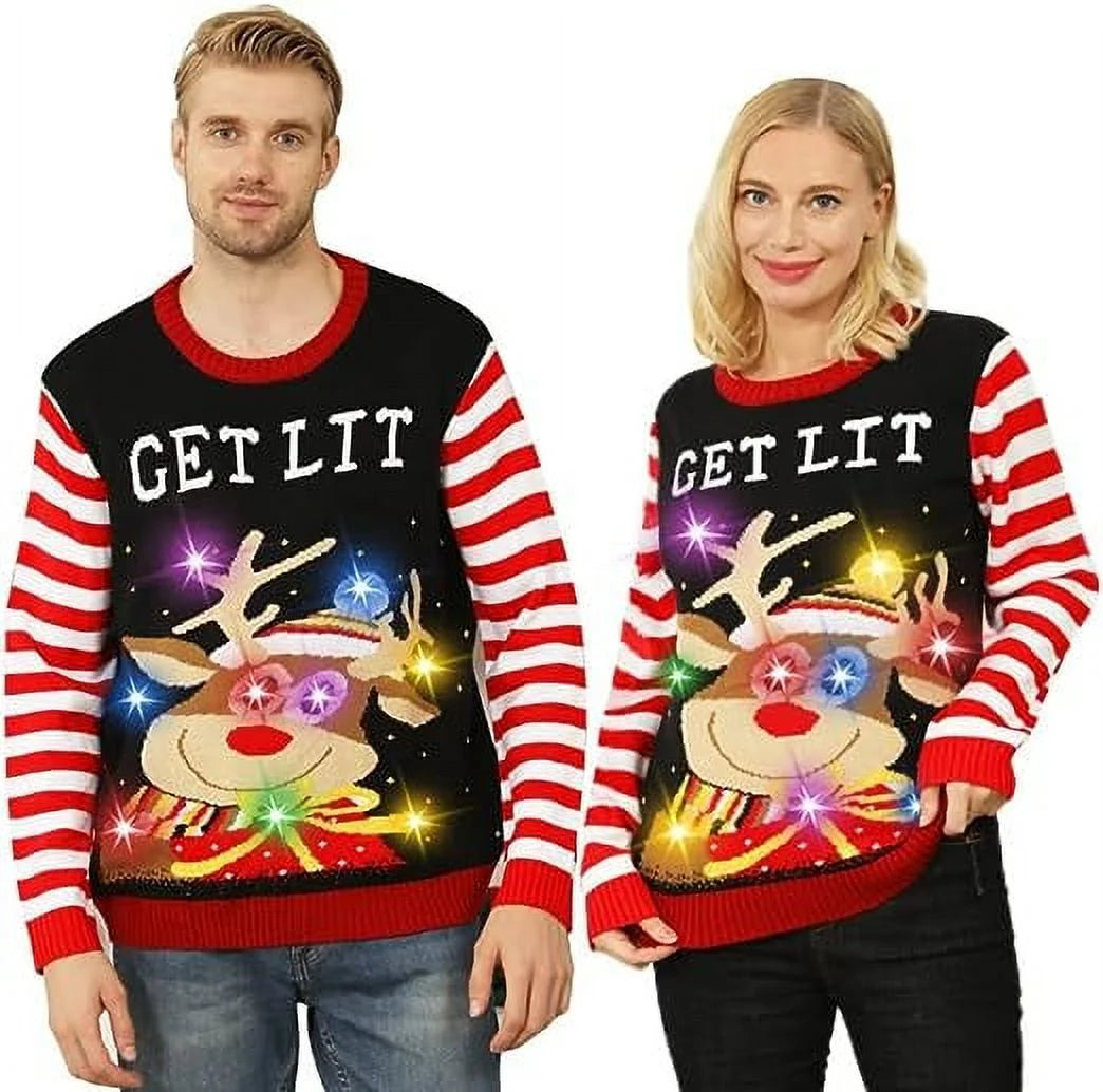 Unisex Light up Ugly Christmas Sweater,Knitted Ugly Sweater Christmas Pullover Crew Neck Sweaters with 9 Colorful Lights