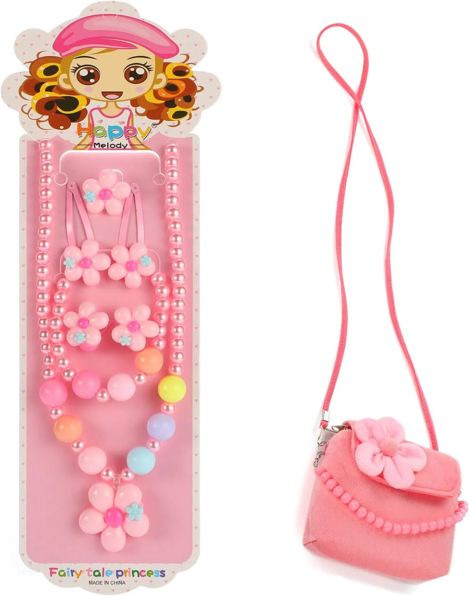 Kids Plush Jewelry Set, Necklace, Bracelet, Ring & Hair Clips for Girls (7-Piece)