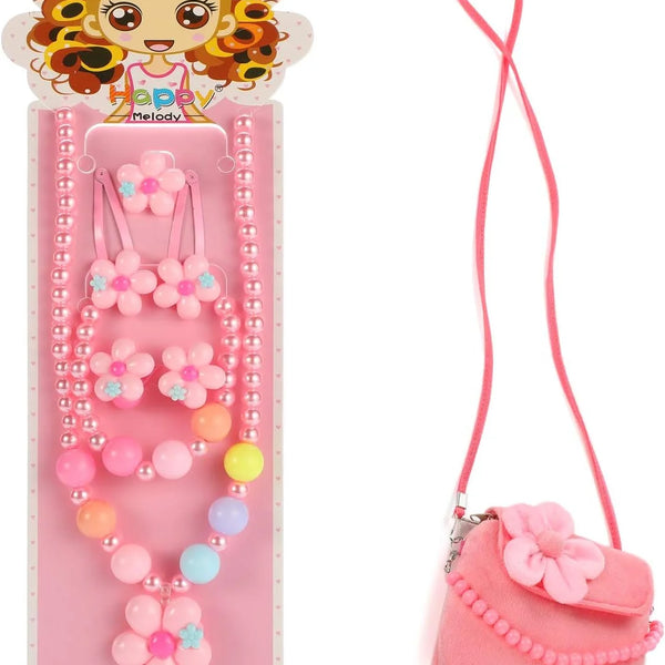 Kids Plush Jewelry Set, Necklace, Bracelet, Ring & Hair Clips for Girls (7-Piece)