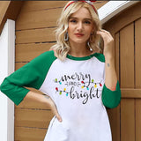 Christmas Tshirt Women Merry and Bright Shirt Letters Print Splicing 3/4 Sleeve Baseball Tshirt Blouse Tee Tops