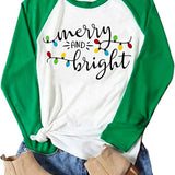 Christmas Tshirt Women Merry and Bright Shirt Letters Print Splicing 3/4 Sleeve Baseball Tshirt Blouse Tee Tops