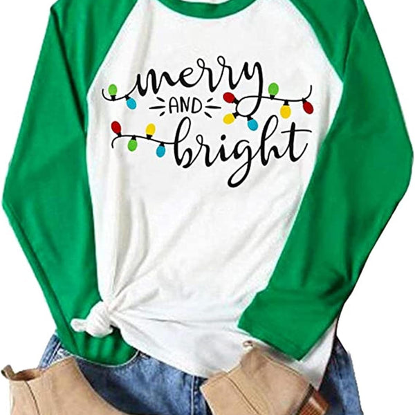 Christmas Tshirt Women Merry and Bright Shirt Letters Print Splicing 3/4 Sleeve Baseball Tshirt Blouse Tee Tops