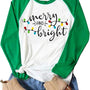 Christmas Tshirt Women Merry and Bright Shirt Letters Print Splicing 3/4 Sleeve Baseball Tshirt Blouse Tee Tops