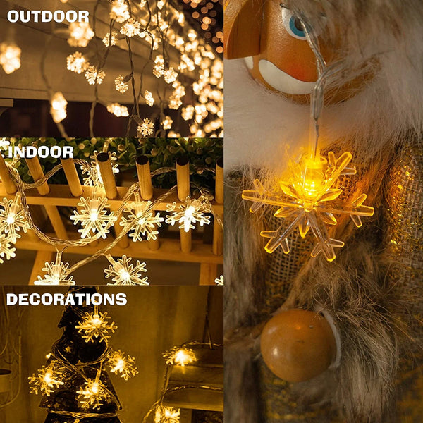 Snowflake String Lights - 20FT, 40 LED, Battery Operated, Waterproof Fairy Lights for Bedroom, Patio, Garden, Party, Home Xmas Decor - Indoor/Outdoor Christmas Tree Decoration