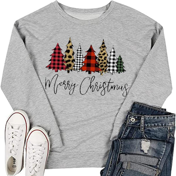 Women Merry Christmas Sweatshirts Funny Snowman Car Pullover Plaid Tree Tops