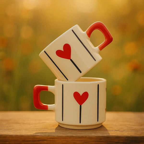 Handmade Ceramic Heart Mugs Set with Red Heart Design for Elegant Gifts