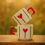 Handmade Ceramic Heart Mugs Set with Red Heart Design for Elegant Gifts