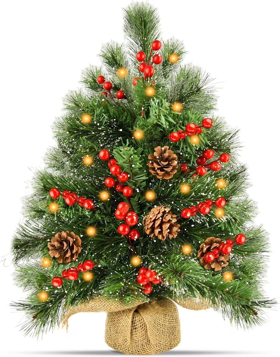 Mini Christmas Tree with Lights, 20Inch Table Top Miniature Christmas Trees Pre-Lit Artificial Mini Christmas Tree Spruce Desk Decoration with Miniature Pine Tree Pine Artificial Xmas Tree