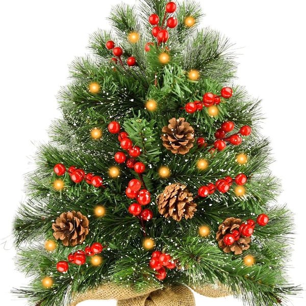 Mini Christmas Tree with Lights, 20Inch Table Top Miniature Christmas Trees Pre-Lit Artificial Mini Christmas Tree Spruce Desk Decoration with Miniature Pine Tree Pine Artificial Xmas Tree