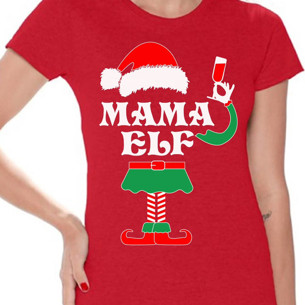 Mama Elf Shirt Elf Christmas Shirts for Women Elf Christmas T-Shirt Christmas Elf Shirt Women'S Holiday Top Funny Elf Tacky Christmas Party Christmas Holiday Shirt