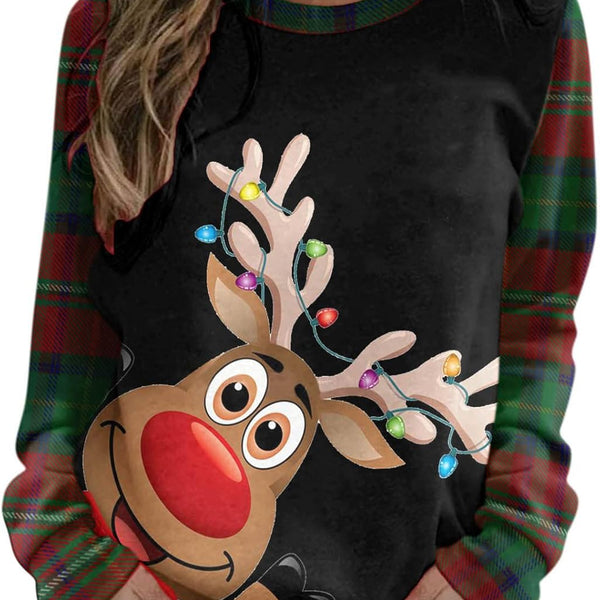 Christmas Women'S round Neck Long Sleeve Sweatshirt Plaid Print Cute Elk Casual Loose Blouse Pullover Tops Brown