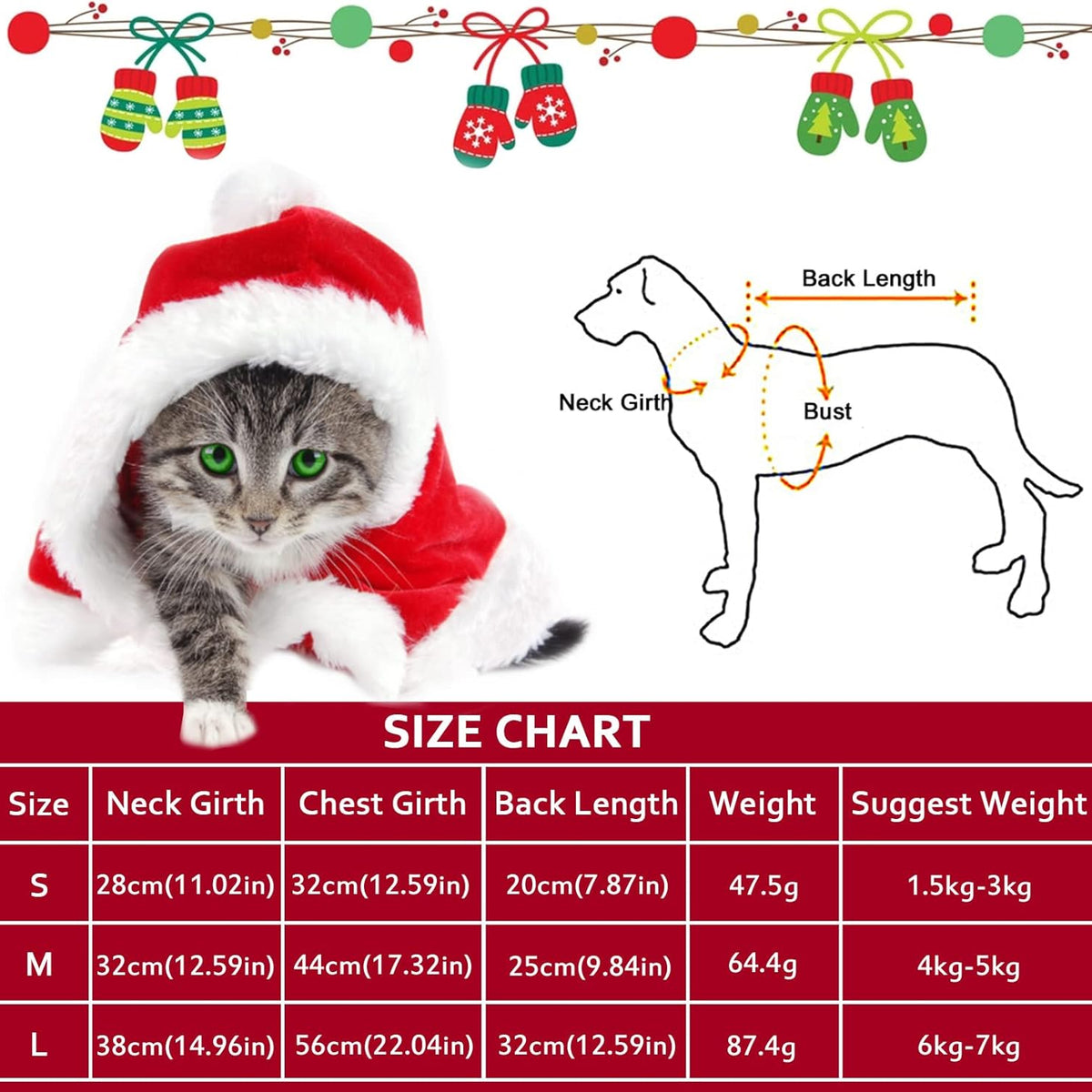Cat Dog Christmas Costumes, Santa Cloak Cape with Hat Pet Cosplay Costumes Party Dressing up Outfits Clothes Apparel for Small Dogs Puppy Kitten, L