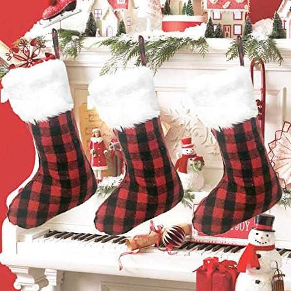 3 Pack 20 Inch Buffalo Plaid Christmas Stockings with Snowy White Faux Fur Hanging Ornaments Black Red Plaid Candy Gift Bags Decorations