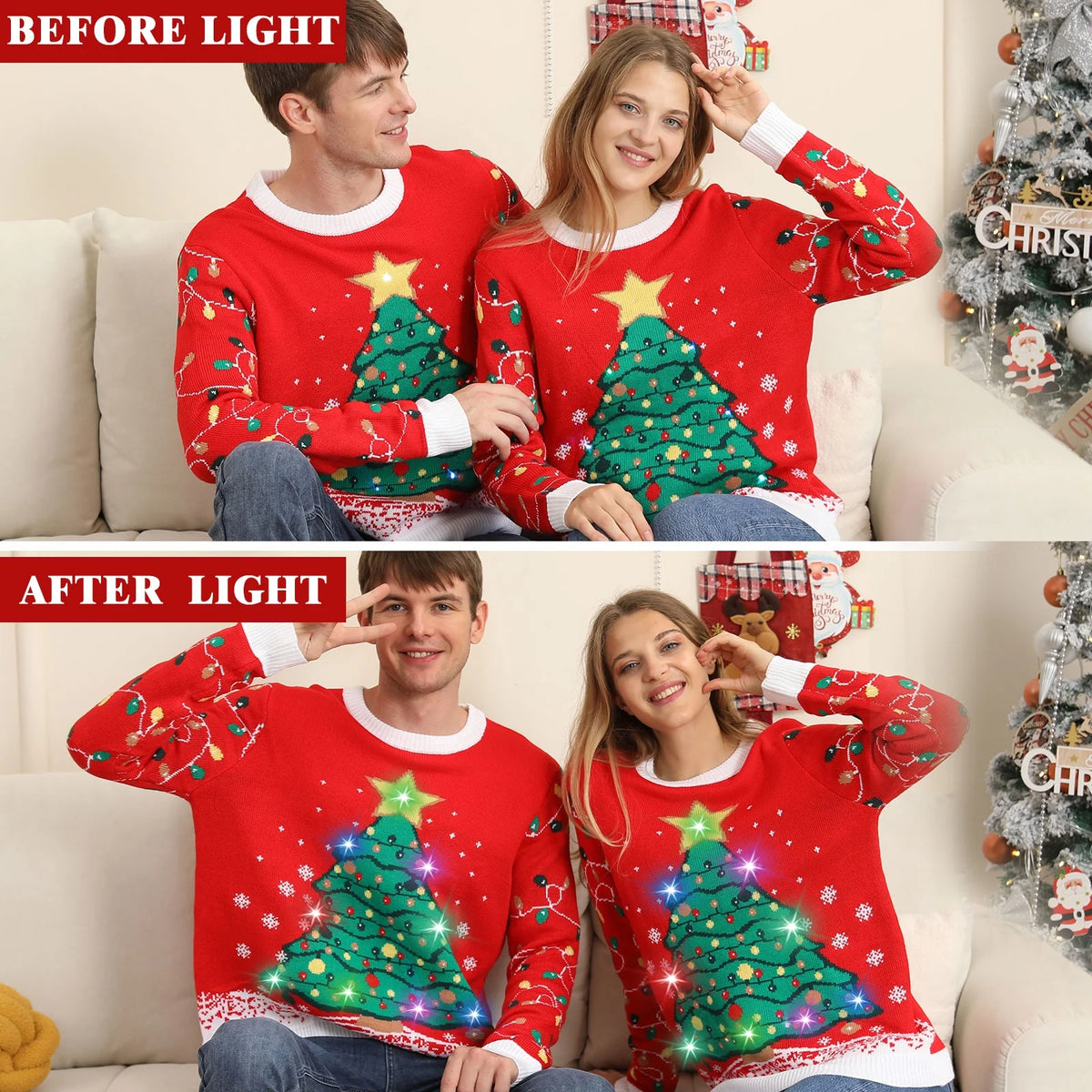 Ugly Christmas Sweaters for Women Men,Light up Christmas Sweater,Funny Christmas Tree Red Unisex Xmas Sweaters for Couples