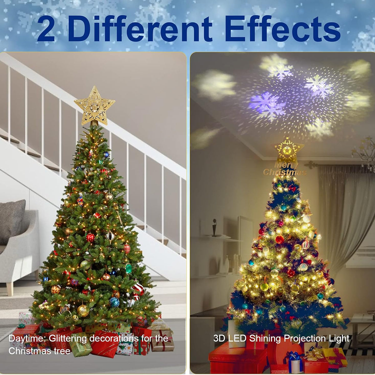 Christmas Tree Topper Lighted with Star Projector, LED Rotating 3D Glitter Tree Topper for Christmas Tree, Christmas Decorations Lights (Golden)