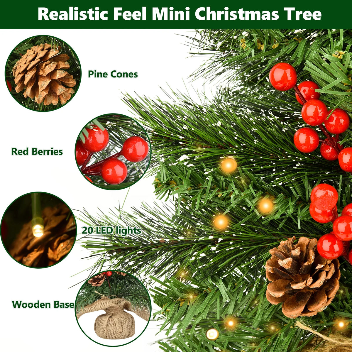 Mini Christmas Tree with Lights, 20Inch Table Top Miniature Christmas Trees Pre-Lit Artificial Mini Christmas Tree Spruce Desk Decoration with Miniature Pine Tree Pine Artificial Xmas Tree