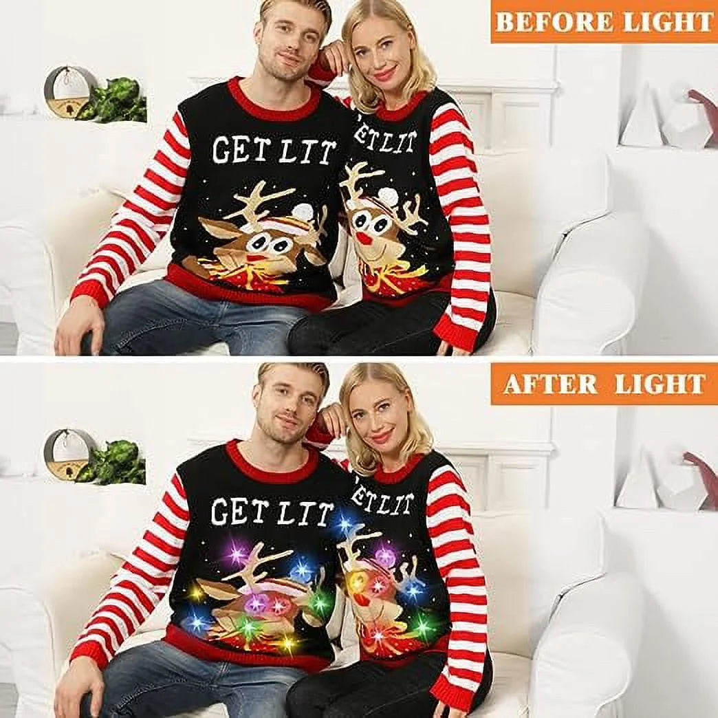Unisex Light up Ugly Christmas Sweater,Knitted Ugly Sweater Christmas Pullover Crew Neck Sweaters with 9 Colorful Lights