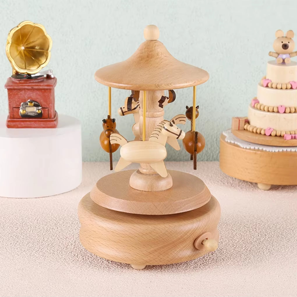 Wooden Carousel Music Box Ornaments Rotatable Hand-Cranked Music Box DIY Handmade Birthday Christmas Gift Children’S Toys