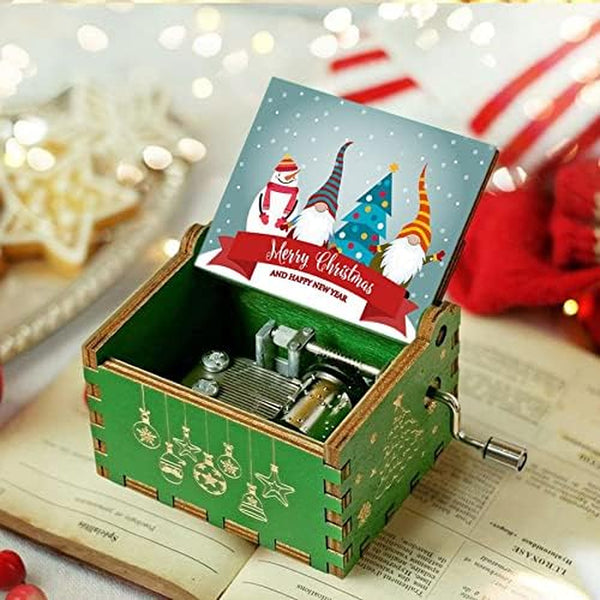 Merry Christmas Wooden Music Box Hand Cranked Music Box Engraved for Boys, Girls, Men and Women Ideal Gift for Christmas and New Year