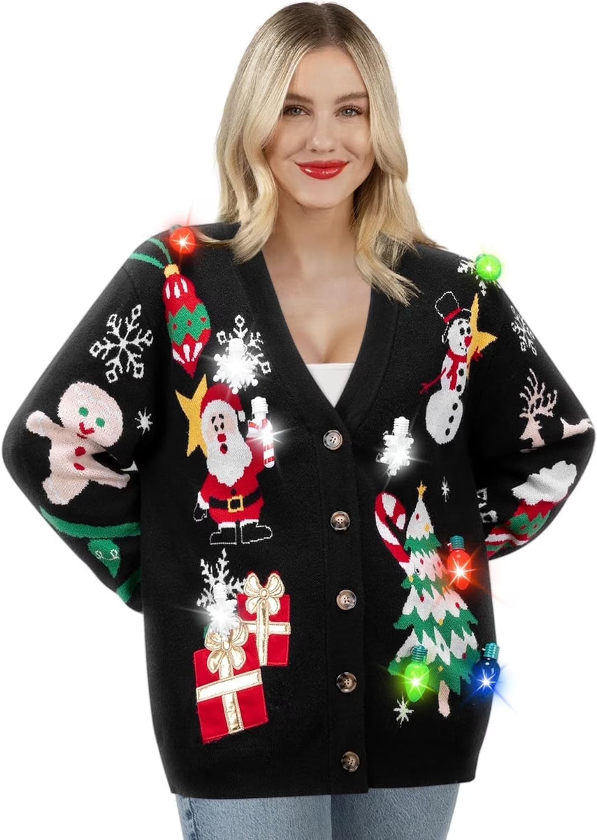 Light up Christmas Sweater Cardigan,Ugly Christmas Sweaters for Women,Funny Rudolph Reindeer Jumper Xmas Sweater for Women