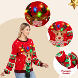 Light up Ugly Christmas Sweaters for Women,Funny LED Reindeer Christmas Sweater for Women,Holiday Sweater