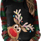 Christmas Women'S round Neck Long Sleeve Sweatshirt Plaid Print Cute Elk Casual Loose Blouse Pullover Tops Brown