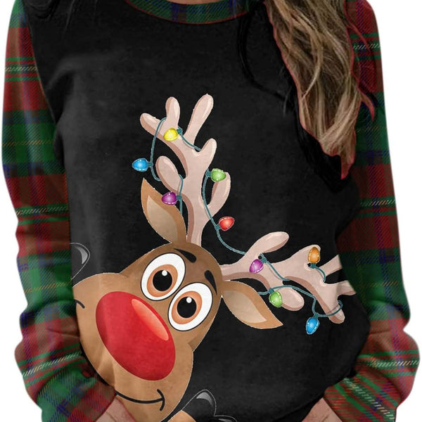 Christmas Women'S round Neck Long Sleeve Sweatshirt Plaid Print Cute Elk Casual Loose Blouse Pullover Tops Brown
