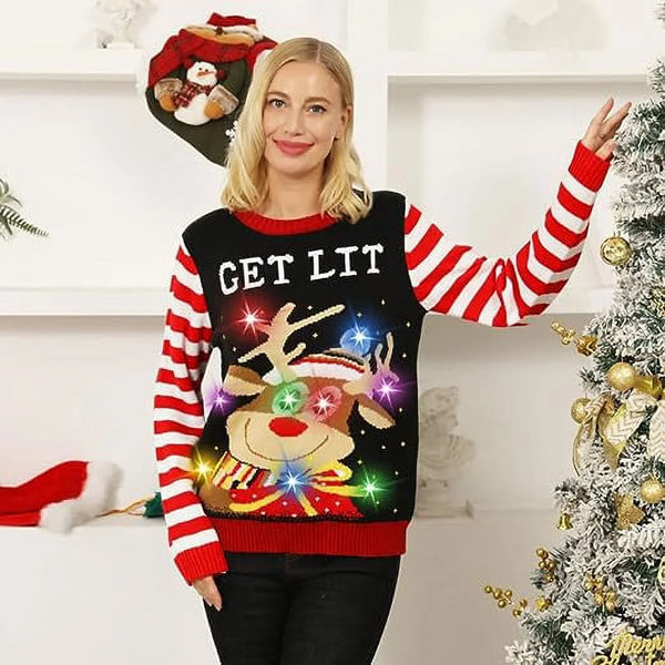 Unisex Light up Ugly Christmas Sweater,Knitted Ugly Sweater Christmas Pullover Crew Neck Sweaters with 9 Colorful Lights