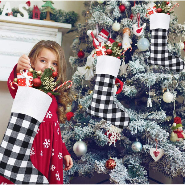 6 Pack Christmas Stockings- 18 Inch Black White Buffalo Plaid Christmas Stockings Fireplace Hanging Stockings for Family Xmas Holiday Season Party Decor
