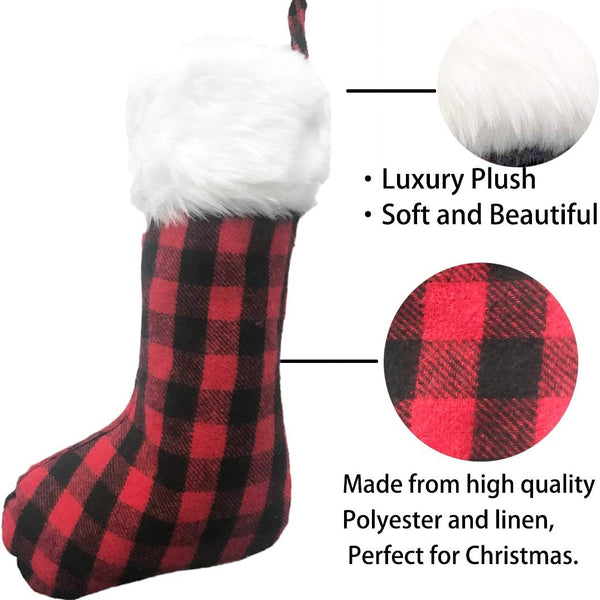 3 Pack 20 Inch Buffalo Plaid Christmas Stockings with Snowy White Faux Fur Hanging Ornaments Black Red Plaid Candy Gift Bags Decorations