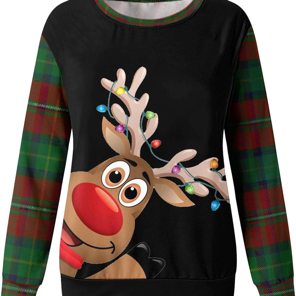 Christmas Women'S round Neck Long Sleeve Sweatshirt Plaid Print Cute Elk Casual Loose Blouse Pullover Tops Brown