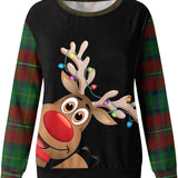Christmas Women'S round Neck Long Sleeve Sweatshirt Plaid Print Cute Elk Casual Loose Blouse Pullover Tops Brown