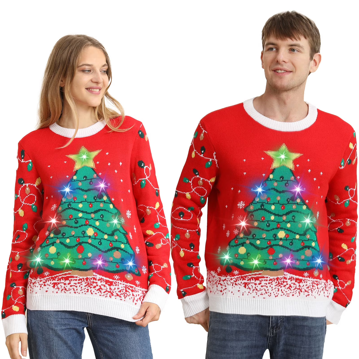 Ugly Christmas Sweaters for Women Men,Light up Christmas Sweater,Funny Christmas Tree Red Unisex Xmas Sweaters for Couples