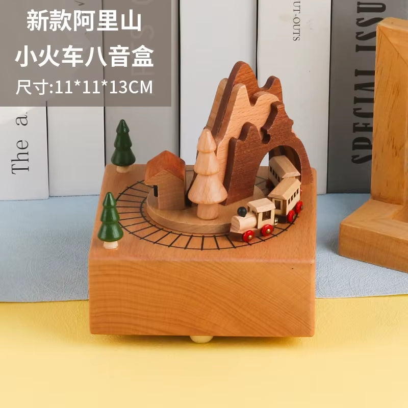 Wooden Carousel Music Box Ornaments Rotatable Hand-Cranked Music Box DIY Handmade Birthday Christmas Gift Children’S Toys